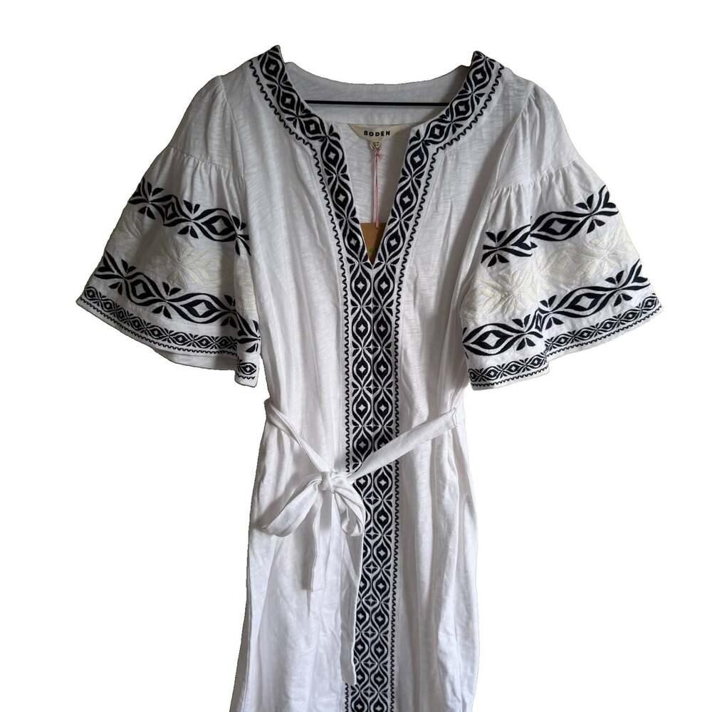 NWT Boden 100% Cotton Slub White Embroidered Jersey Dress Shift Size 12 Coastal
